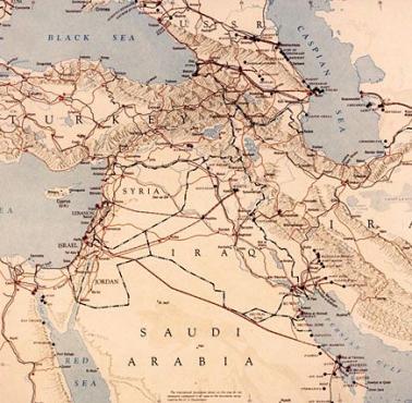 Ropa na Bliskim Wschodzie, stan na 1951 rok (pola wydobycia, rurociągi, transport ....)
