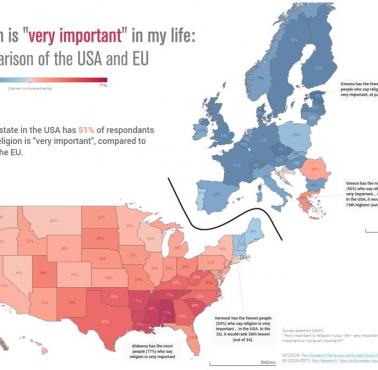 Jak ważna jest religia w poszczególnych stanach USA i państwach Europy, 2014, 2015-2017