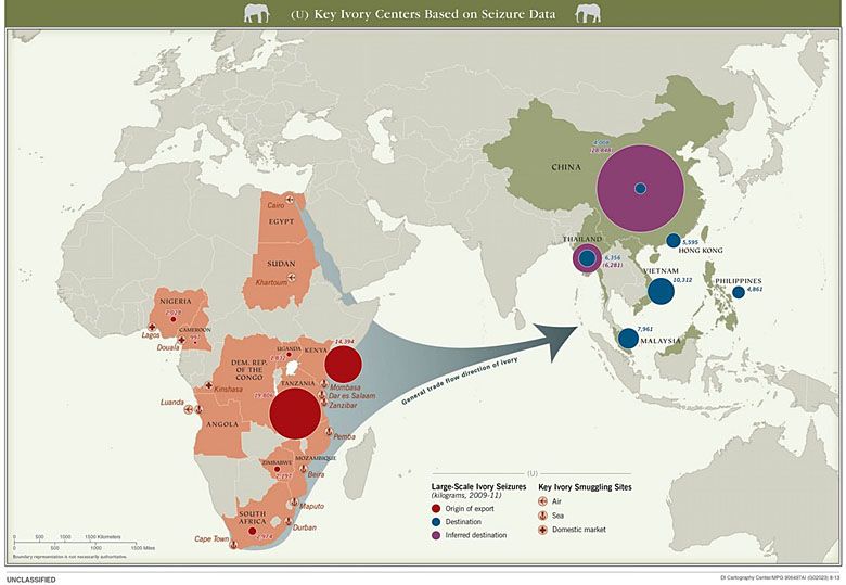 Mapa handlu kością słoniową, główne rynki, szlaki transportowe
