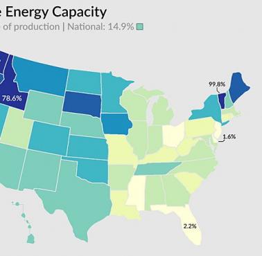Udział energii odnawialnej w ogólnej produkcji energii w USA, podział na stany, dane 2016 