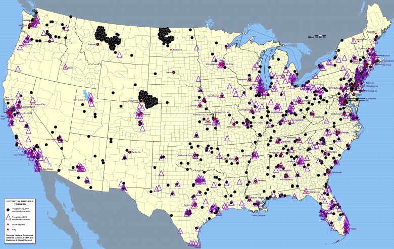 Mapa USA z potencjalnymi celami ataku atomowego