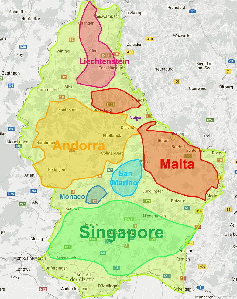 Mapa Luksemburga z naniesionymi na nią mapami Malty, Singapuru, Liechtensteinu i Andory