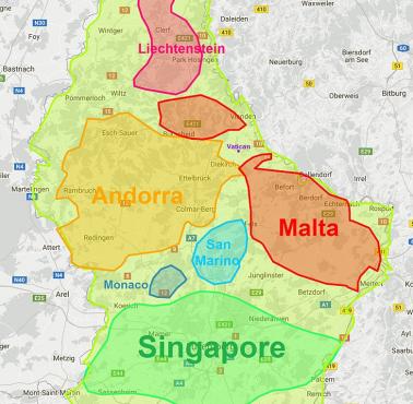 Mapa Luksemburga z naniesionymi na nią mapami Malty, Singapuru, Liechtensteinu i Andory