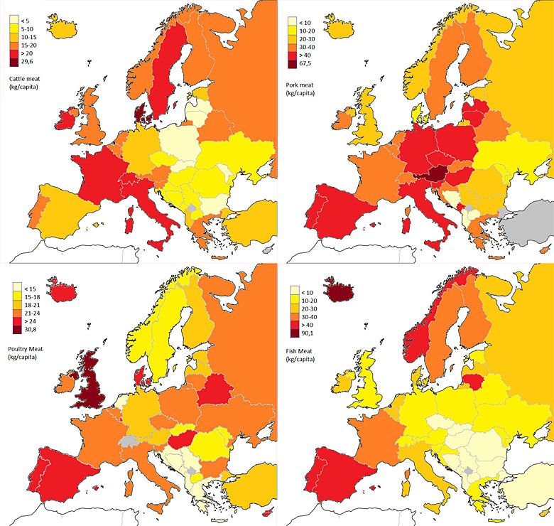 Spożycie wołowiny, wieprzowiny, drobiu i ryb w poszczególnych państwach Europy na mieszkańca