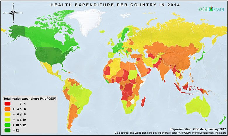 Wydatki na zdrowie w poszczególnych krajach świata, procent wydatków PKB, dane 2014