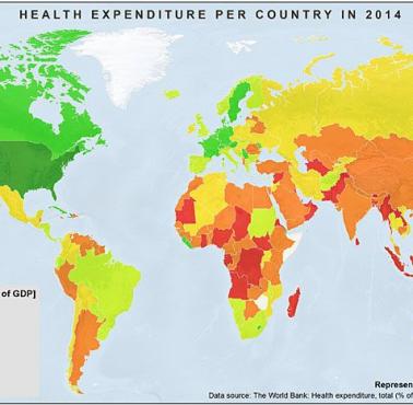 Wydatki na zdrowie w poszczególnych krajach świata, procent wydatków PKB, dane 2014