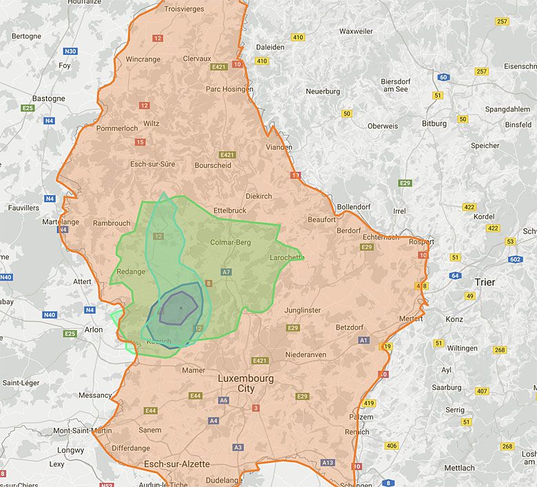 Luksemburg w porównaniu (kolejno) z Andorą, Liechtensteinem, San Marino, Monako i na końcu Watykanem