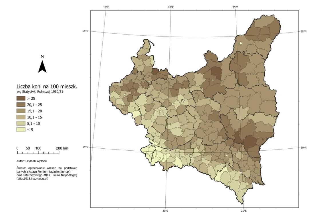 Liczba koni na 100 mieszkańców w II Rzeczypospolitej, 1930-1931