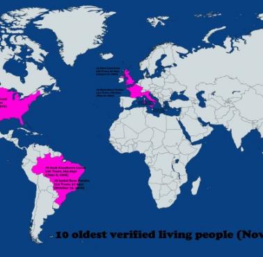 Top10 najstarszych zweryfikowanych żyjących osób na świecie, stan na 19 listopada 2024