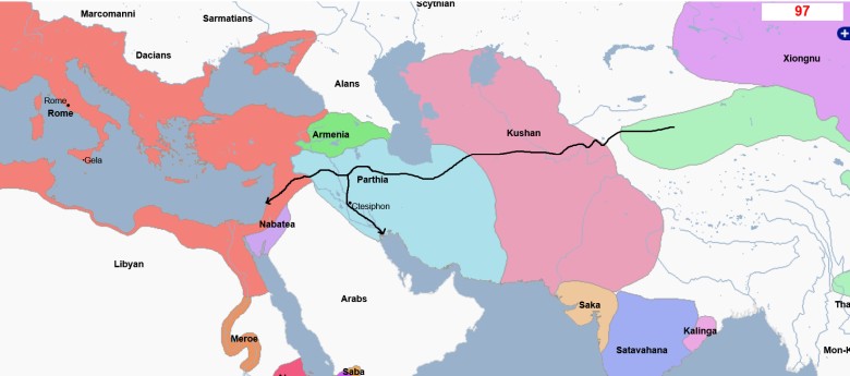 Mapa dwóch możliwych tras, które ambasador Chin (Han) Gan Ying do Rzymu, mógł pokonać w 97 roku n.e.