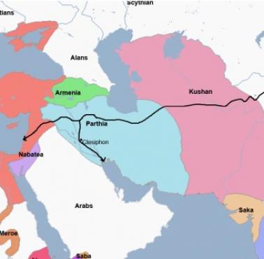 Mapa dwóch możliwych tras, które ambasador Chin (Han) Gan Ying do Rzymu, mógł pokonać w 97 roku n.e.