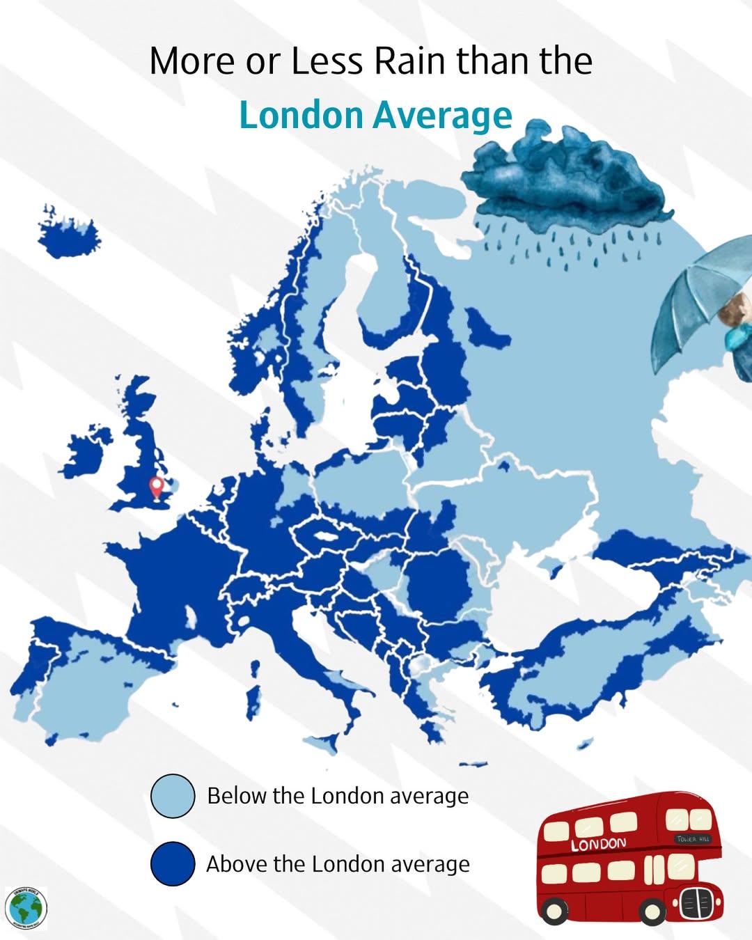 Więcej czy mniej opadów niż średnia dla Londynu?, Europa