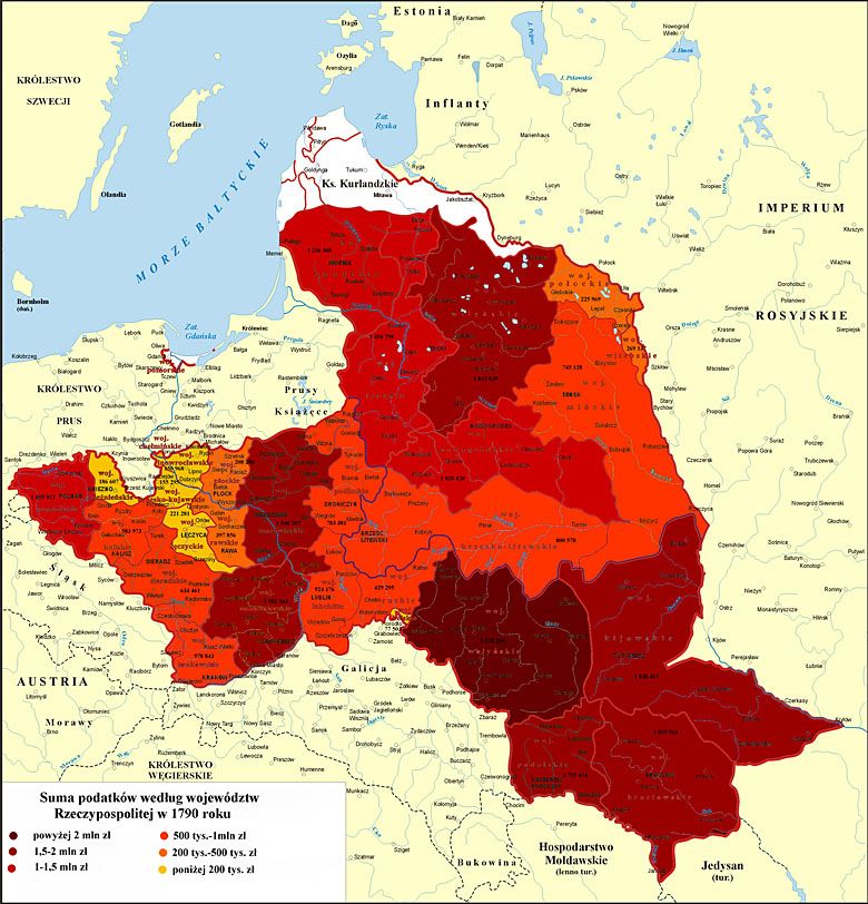 Kwoty zbieranych podatków w poszczególnych województwach I RP w 1790 roku