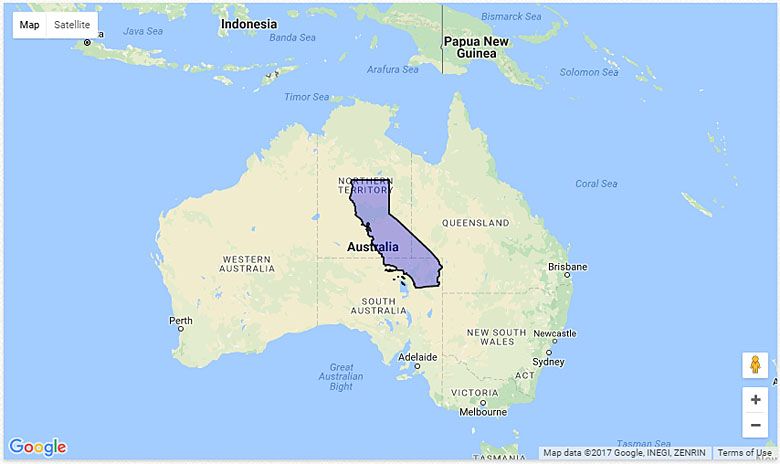 Mapa Kalifornii na tle Australii