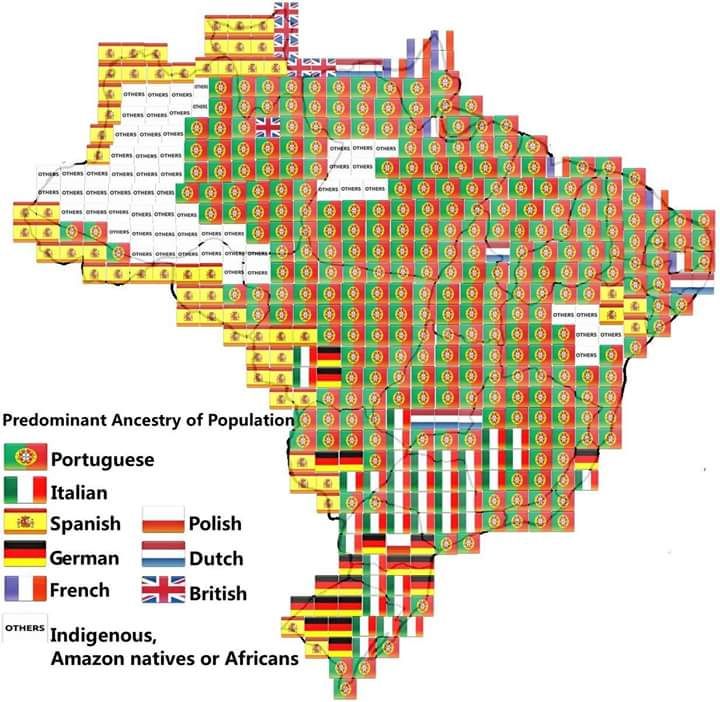 Mapa Brazylii z naniesioną dominującą nacją przodków