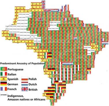 Mapa Brazylii z naniesioną dominującą nacją przodków
