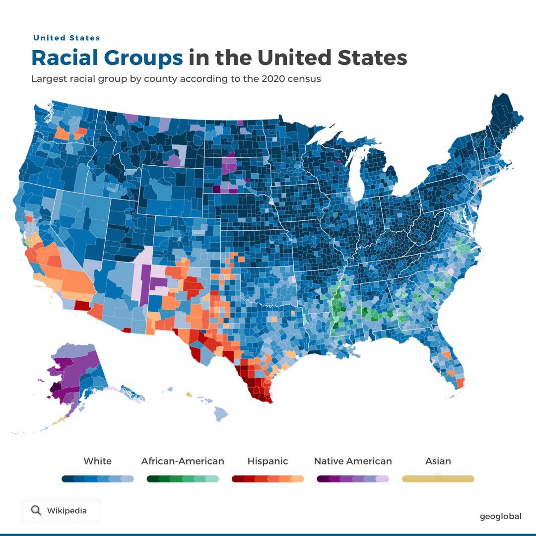 Etniczna mapa USA. Hrabstwa USA, w których mniejszości rasowe i etniczne stanowią większość populacji, 2020