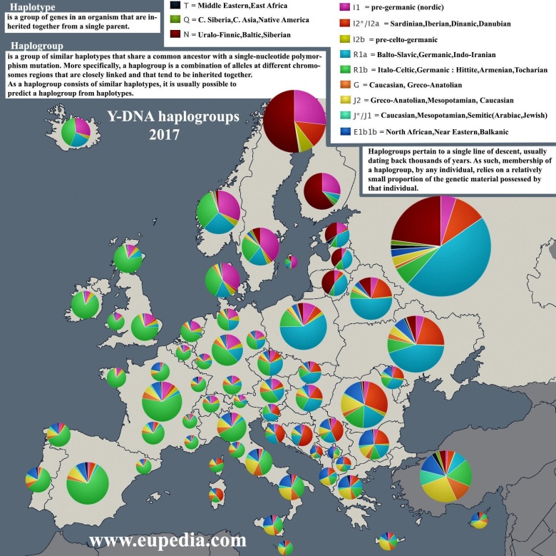 Przybliżone rozmieszczenie haplogrup Y-DNA - Europa, dane 2017