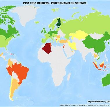 Wyniki PISA - ocena wydajność w nauce uczniów, którzy ukończyli 15. rok życia (dane za 2015 rok)