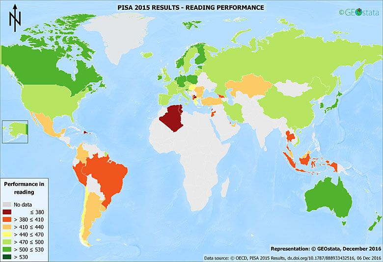 Wyniki PISA - ocena umiejętności czytania uczniów, którzy ukończyli 15. rok życia (dane za 2015 rok)