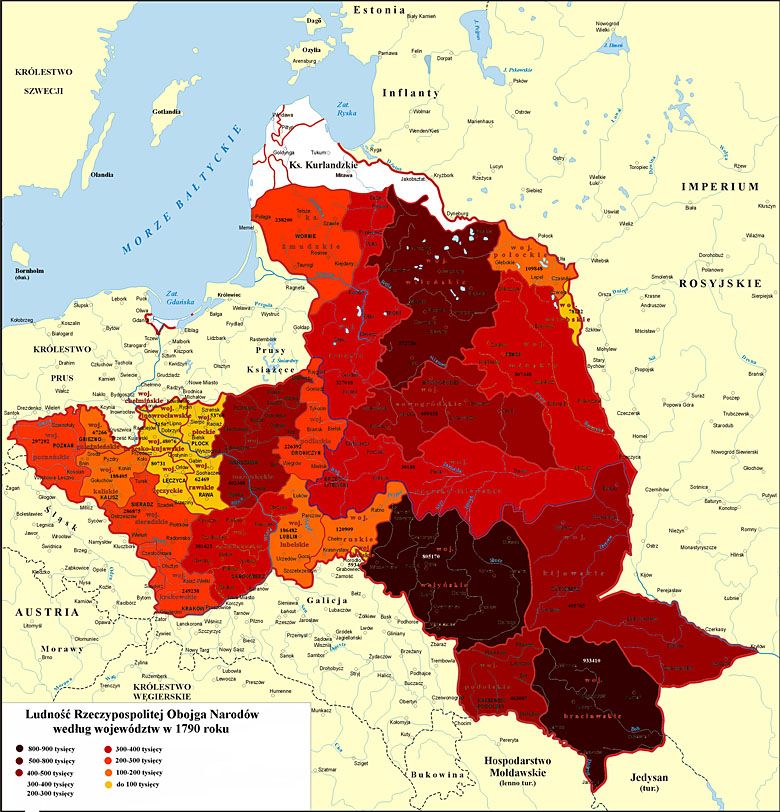 Gęstość zaludnienia województw I RP, stan 1790 rok