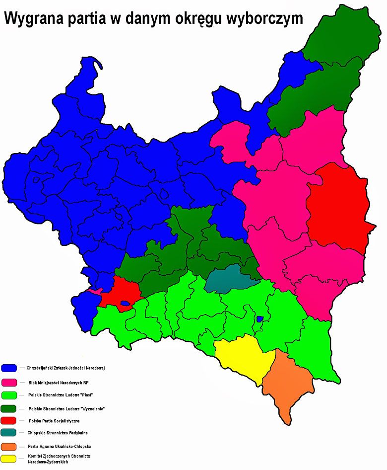 Zwycięzcy wyborów parlamentarnych w II RP w 1922 roku, podział na okręgi wyborcze