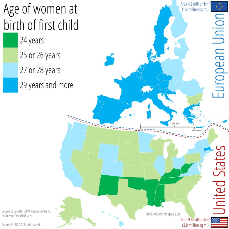 W jakim wieku kobiety w Europie i USA rodzą pierwsze dziecko, 2019, 2013