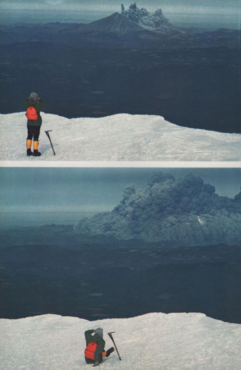 Wybuch Mt. Saint Helens widziany przez wspinacza ze szczytu pobliskiego Mt. Adams, 1980