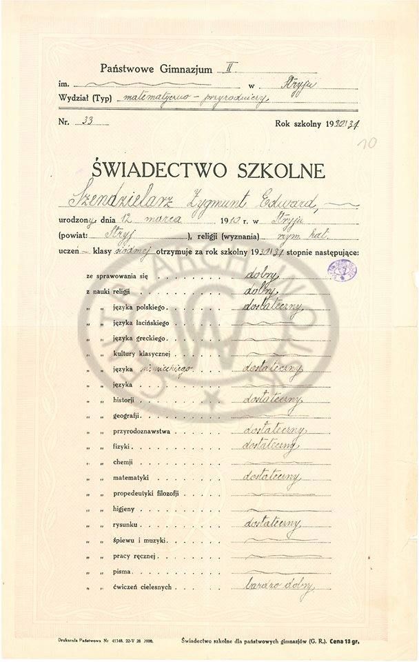 Świadectwo szkolne zabitego w 1951 roku przez komunistów majora AK Zygmunta Szendzielarza Łupaszki