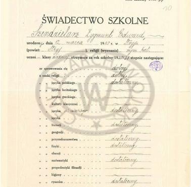 Świadectwo szkolne zabitego w 1951 roku przez komunistów majora AK Zygmunta Szendzielarza "Łupaszki"