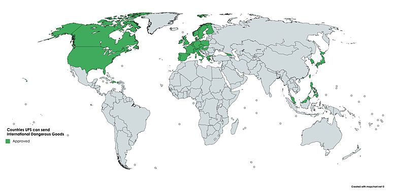 Kraje, do których kurierzy UPS dostarczają paczki z niebezpieczną zawartością (International Dangerous Goods, IDG)