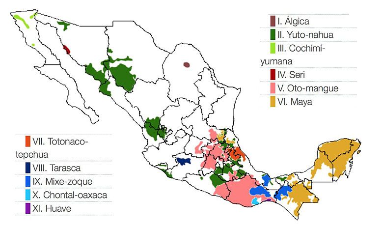 Mapa 11 rodzin językowych w Meksyku