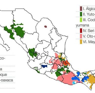 Mapa 11 rodzin językowych w Meksyku