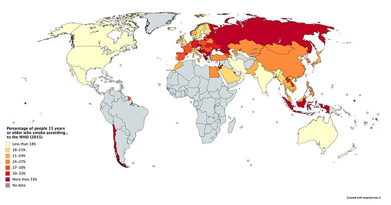 Odsetek osób palących w wieku 15 lat i starszych (dane: Światowa Organizacja Zdrowia, 2015)