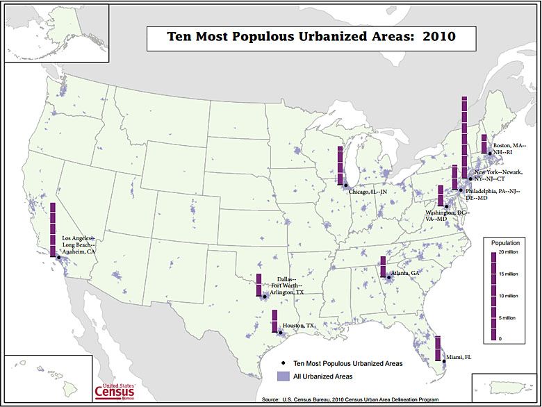 Najbardziej zurbanizowane miejsca w USA, w milionach mieszkańców, dane 2010