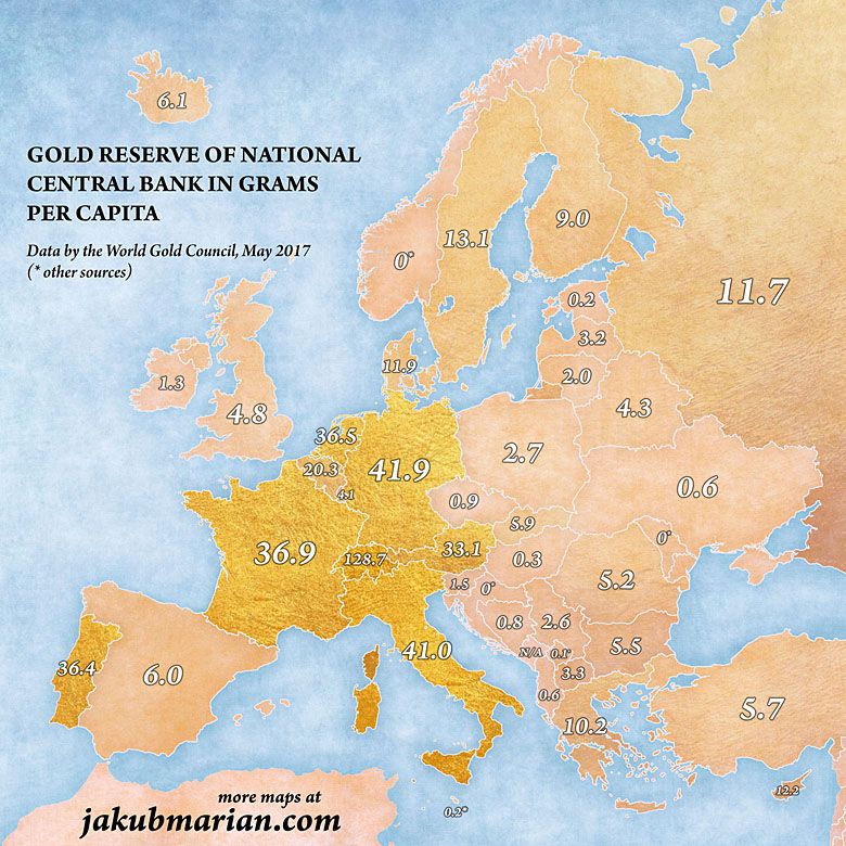 Rezerwy złota Narodowych Banków Centralnych w gramach na jednego mieszkańca w Europie, dane maj 2017