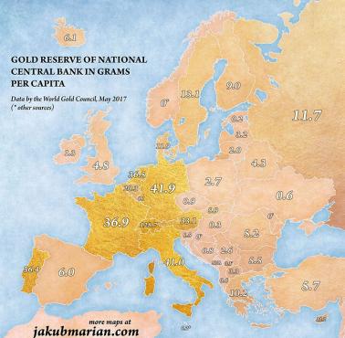 Rezerwy złota Narodowych Banków Centralnych w gramach na jednego mieszkańca w Europie, dane maj 2017