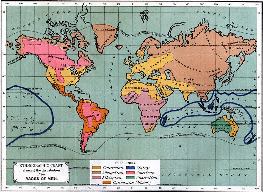 Rasowa (etniczna) mapa świata, 1891