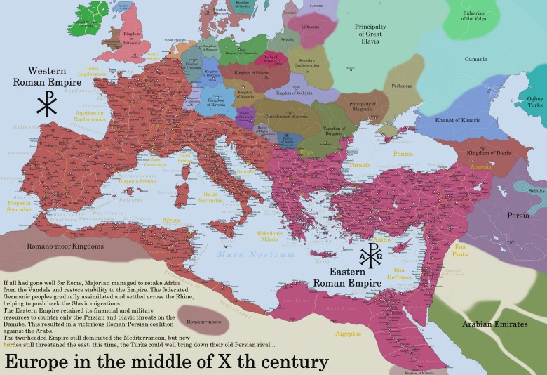 Mapa polityczna Europy, basenu Morza Śródziemnego, Lewantu w X wieku