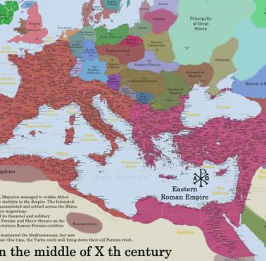 Mapa polityczna Europy, basenu Morza Śródziemnego, Lewantu w X wieku