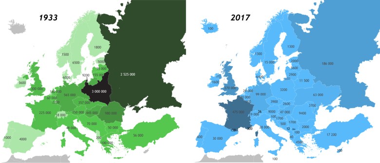 Ludność żydowska w Europie, 1933 i 2017