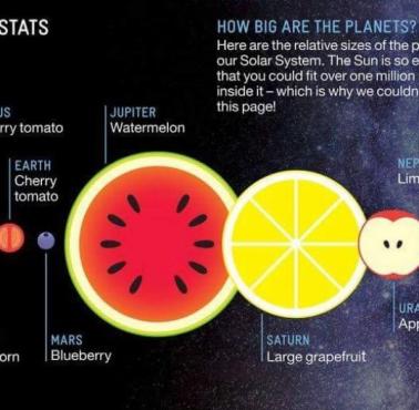 Porównaniu wielkości planet Układu Słonecznego z pomocą ... popularnych owoców