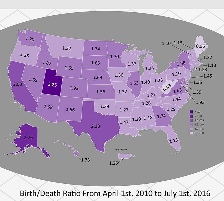 Współczynnik urodzeń i śmierci w USA, od 1 kwietnia 2010 roku do 1 lipca 2016 roku, podział na stany