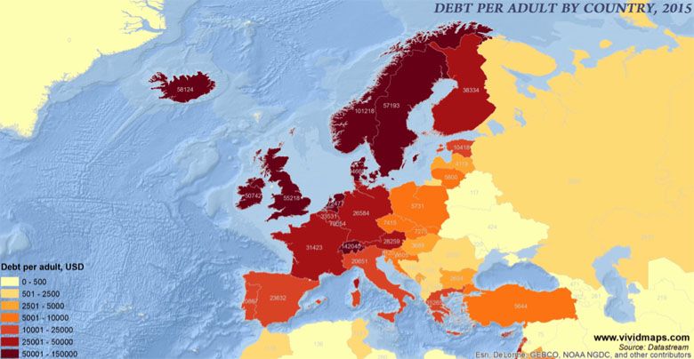 Dług na dorosłego mieszkańca w poszczególnych krajach Europy, 2000-2016 (animacja)