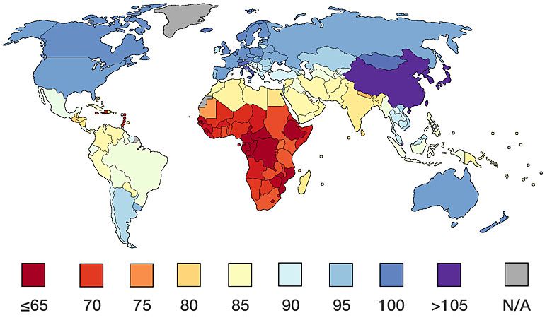 Średnie krajowe IQ (według IQ Global Inequality, 2002)