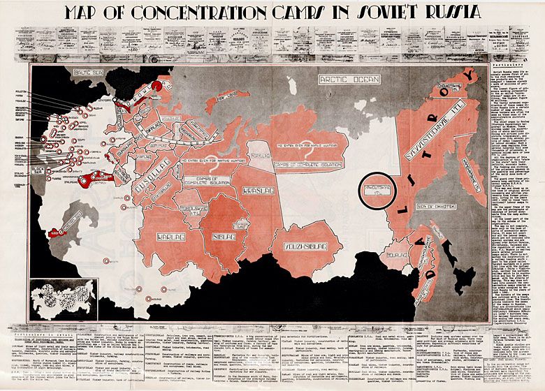 Mapa obozów koncentracyjnych w Rosji Radzieckiej (1945)