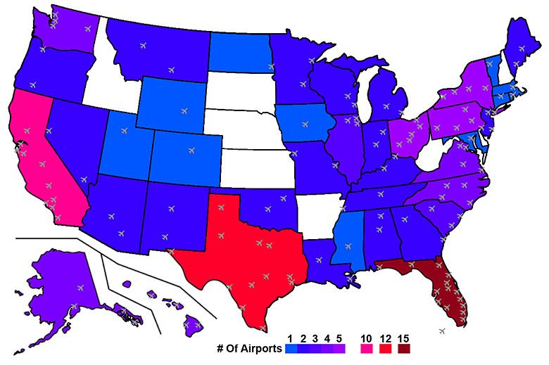 Mapa wszystkich międzynarodowych lotnisk w Stanach Zjednoczonych