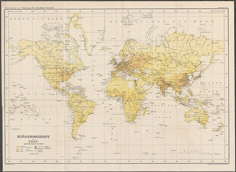 Gęstość zaludnienia różnych obszarów świata pod koniec XIX wieku (1890)