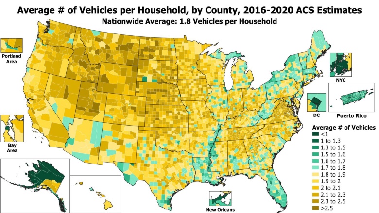 Średnia liczba pojazdów na gospodarstwo domowe w USA, 2016-2020