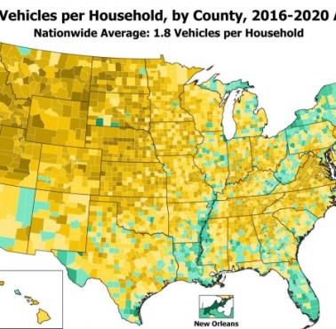 Średnia liczba pojazdów na gospodarstwo domowe w USA, 2016-2020